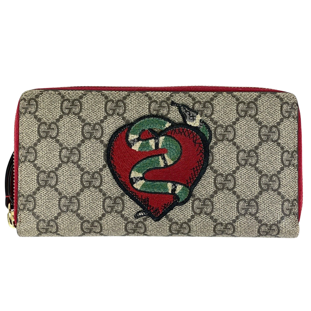 Gucci GG round zipper long wallet snake patterned canvas beige red